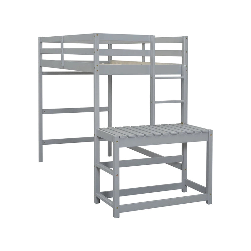Twin Pine High Loft Bed with Landing Platform, Side Ladder and Open Under-Bed Space, White Gray