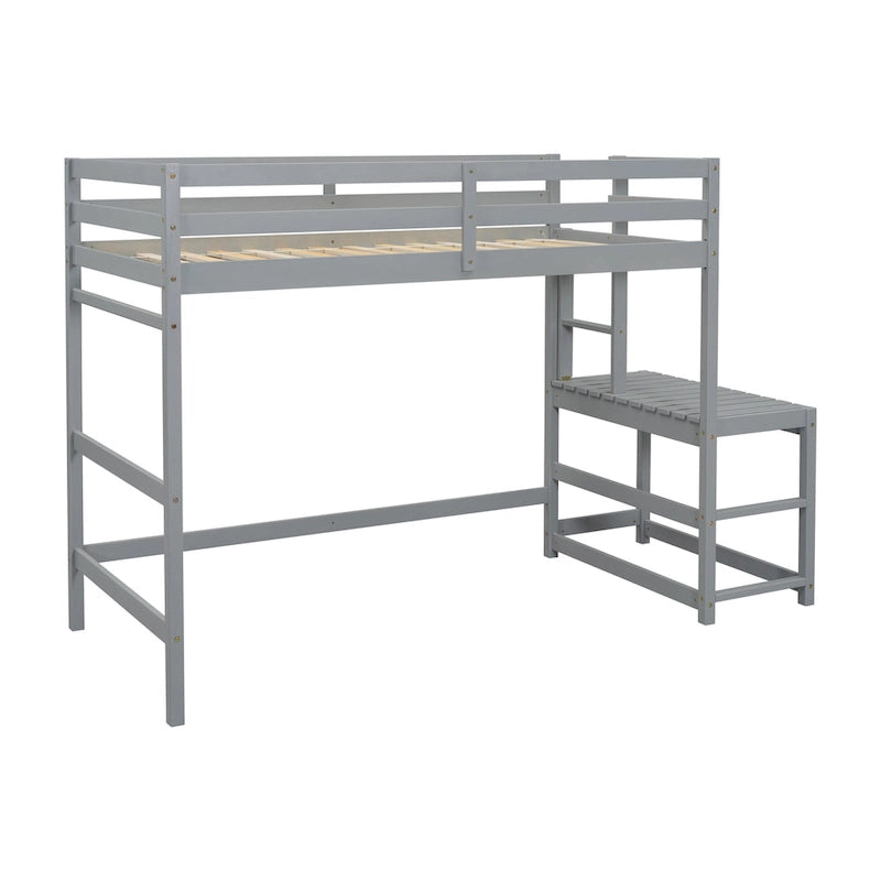 Twin Pine High Loft Bed with Landing Platform, Side Ladder and Open Under-Bed Space, White Gray