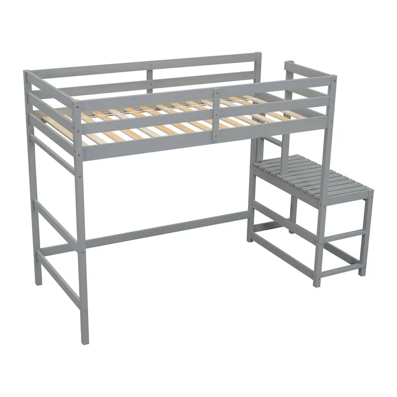 Twin Pine High Loft Bed with Landing Platform, Side Ladder and Open Under-Bed Space, White Gray