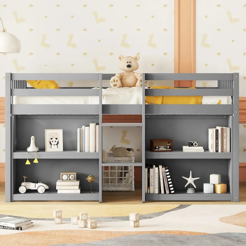 Twin Kids Low Loft Bed with Two-Tier Side Shelves, LED Lighting and Under-Bed Play Space, White Grey