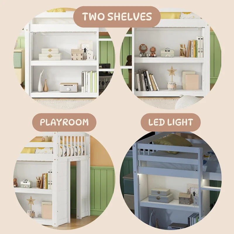 Cama baja tipo loft para niños gemelos con estantes laterales de dos niveles, iluminación LED y espacio de juegos debajo de la cama, blanco gris
