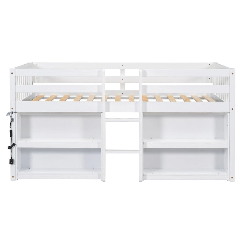 Cama baja tipo loft para niños gemelos con estantes laterales de dos niveles, iluminación LED y espacio de juegos debajo de la cama, blanco gris
