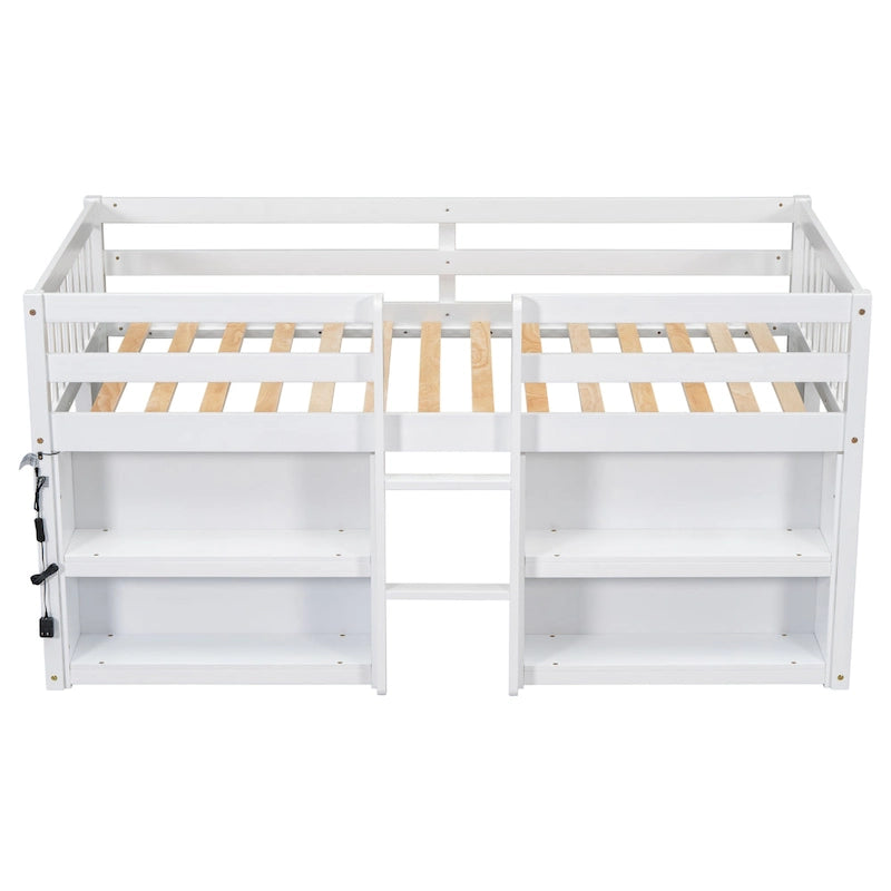 Cama baja tipo loft para niños gemelos con estantes laterales de dos niveles, iluminación LED y espacio de juegos debajo de la cama, blanco gris