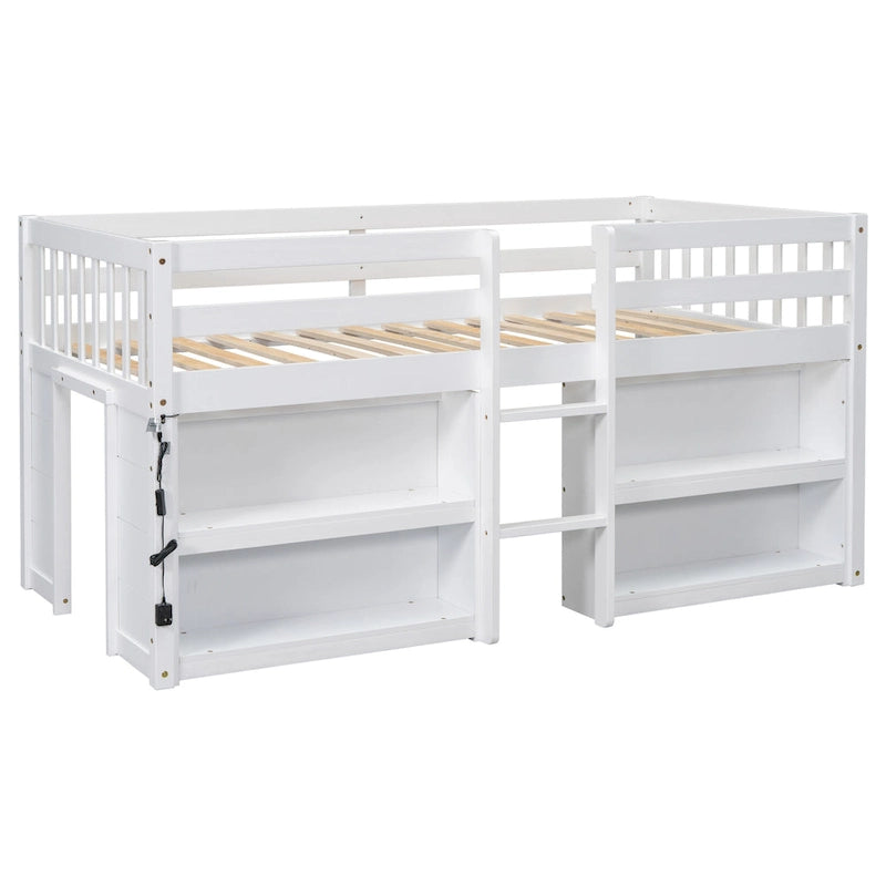 Cama baja tipo loft para niños gemelos con estantes laterales de dos niveles, iluminación LED y espacio de juegos debajo de la cama, blanco gris