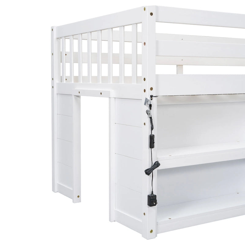Cama baja tipo loft para niños gemelos con estantes laterales de dos niveles, iluminación LED y espacio de juegos debajo de la cama, blanco gris