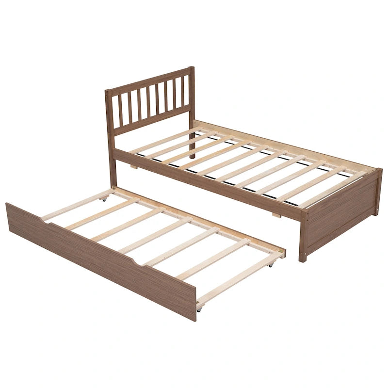 Cama de plataforma Twin de madera de caucho con cama nido extraíble, cabecero Mission, nogal