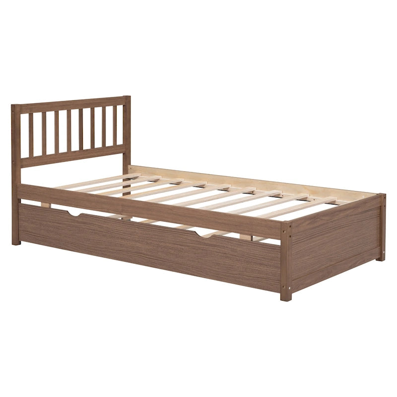 Cama de plataforma Twin de madera de caucho con cama nido extraíble, cabecero Mission, nogal