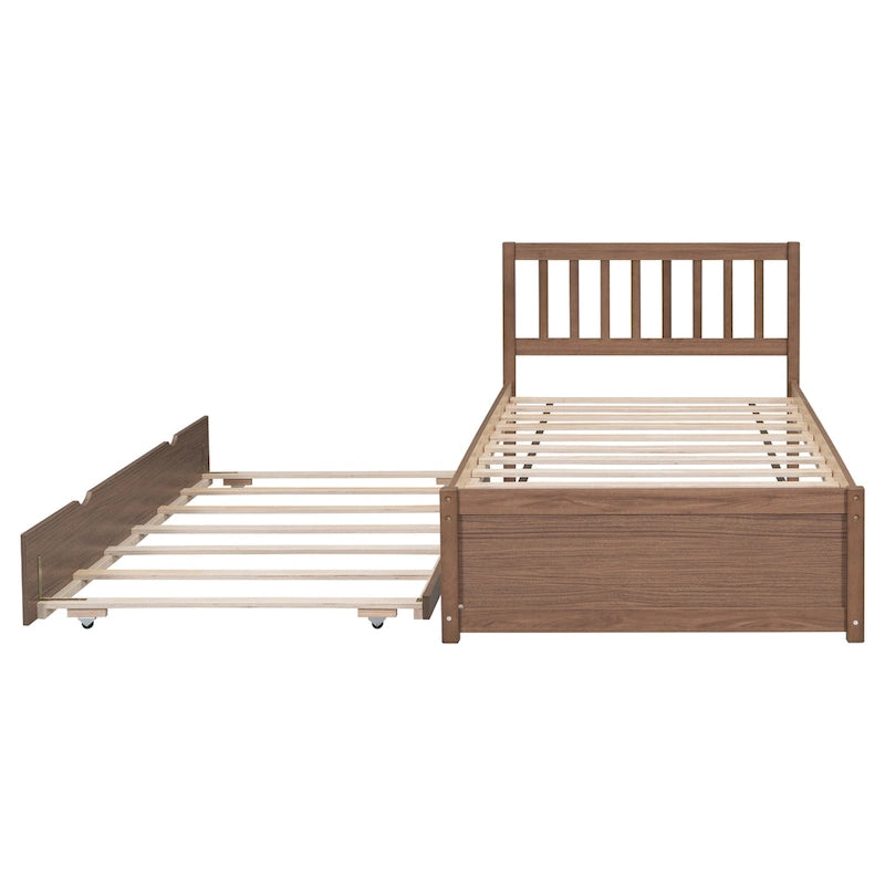 Cama de plataforma Twin de madera de caucho con cama nido extraíble, cabecero Mission, nogal