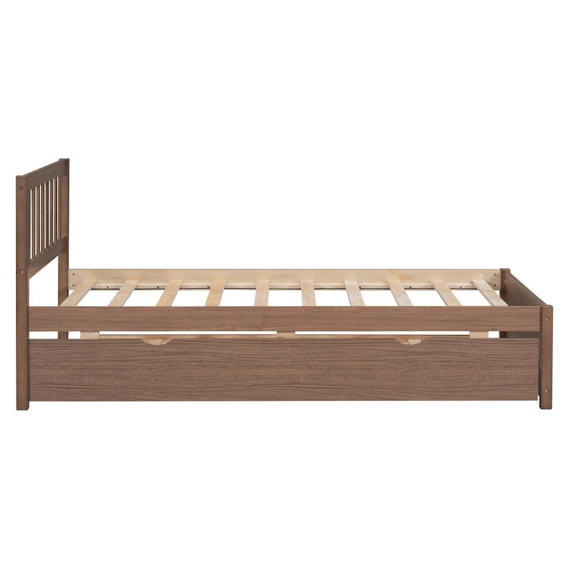 Cama de plataforma Twin de madera de caucho con cama nido extraíble, cabecero Mission, nogal