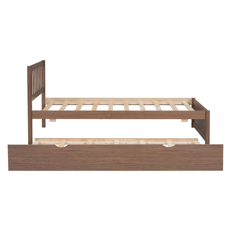 Cama de plataforma Twin de madera de caucho con cama nido extraíble, cabecero Mission, nogal