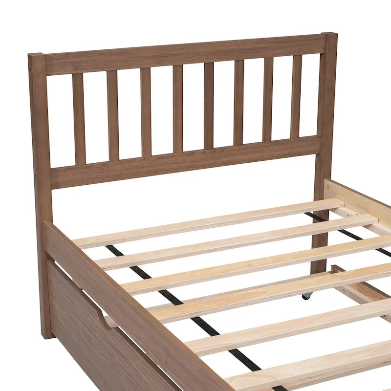 Cama de plataforma Twin de madera de caucho con cama nido extraíble, cabecero Mission, nogal