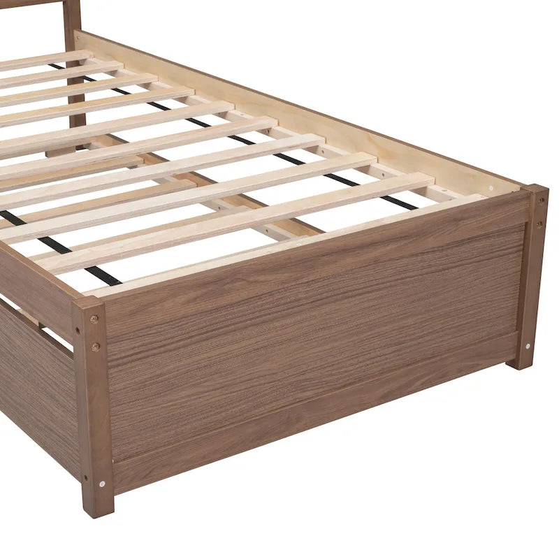 Cama de plataforma Twin de madera de caucho con cama nido extraíble, cabecero Mission, nogal