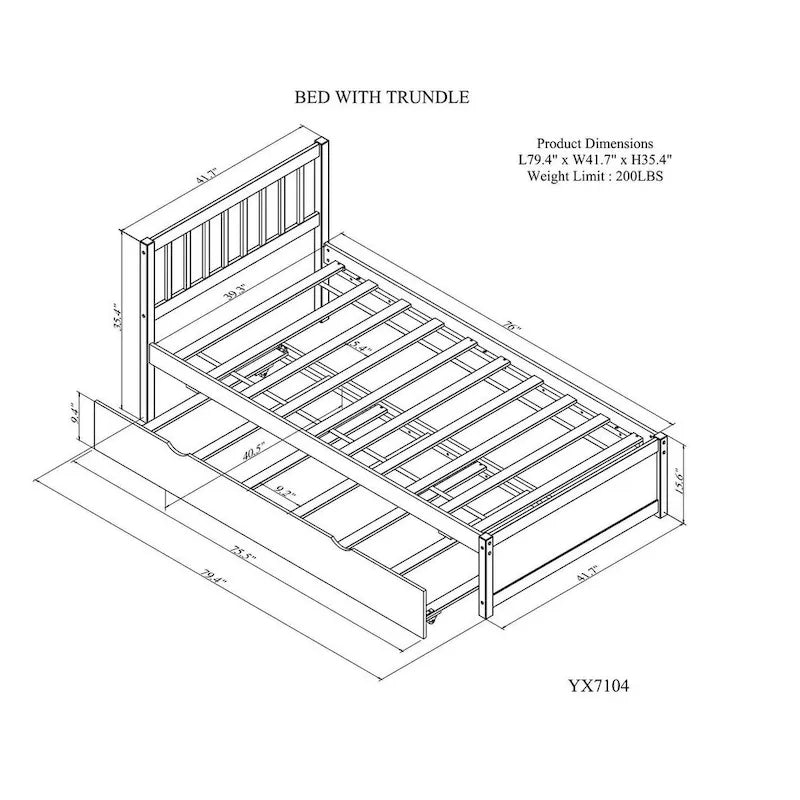 Cama de plataforma Twin de madera de caucho con cama nido extraíble, cabecero Mission, nogal