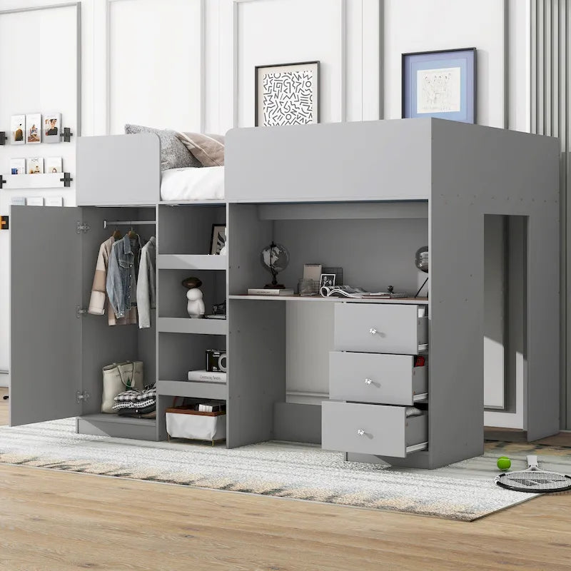 Full Size Wood Loft Bed with Wardrobe, Desk, 3 Drawers and Storage Shelves, Gray