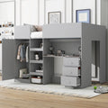 Full Size Wood Loft Bed with Wardrobe, Desk, 3 Drawers and Storage Shelves, Gray