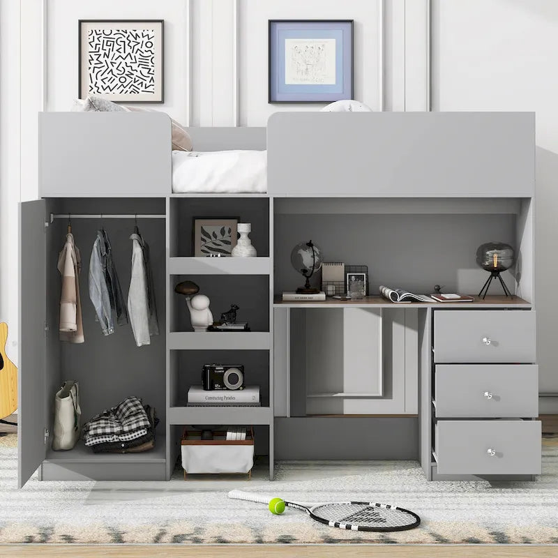 Full Size Wood Loft Bed with Wardrobe, Desk, 3 Drawers and Storage Shelves, Gray