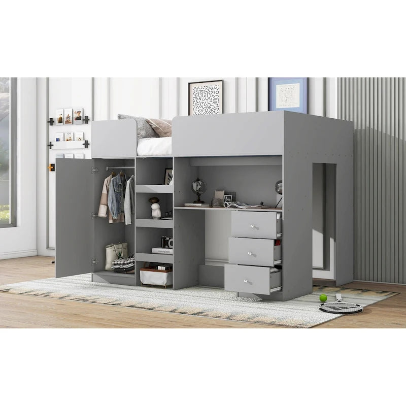 Full Size Wood Loft Bed with Wardrobe, Desk, 3 Drawers and Storage Shelves, Gray