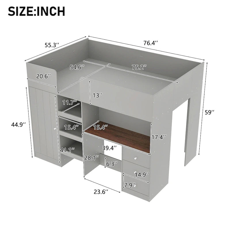 Full Size Wood Loft Bed with Wardrobe, Desk, 3 Drawers and Storage Shelves, Gray