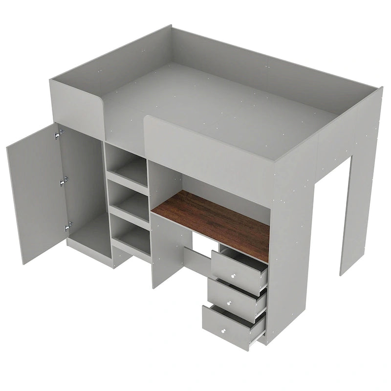 Full Size Wood Loft Bed with Wardrobe, Desk, 3 Drawers and Storage Shelves, Gray