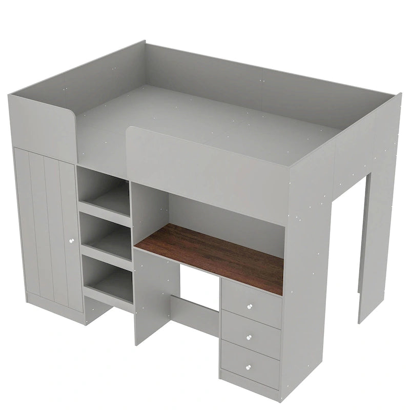 Full Size Wood Loft Bed with Wardrobe, Desk, 3 Drawers and Storage Shelves, Gray