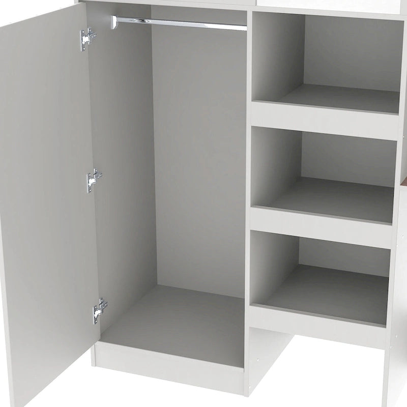 Full Size Wood Loft Bed with Wardrobe, Desk, 3 Drawers and Storage Shelves, Gray