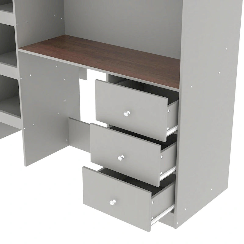 Full Size Wood Loft Bed with Wardrobe, Desk, 3 Drawers and Storage Shelves, Gray