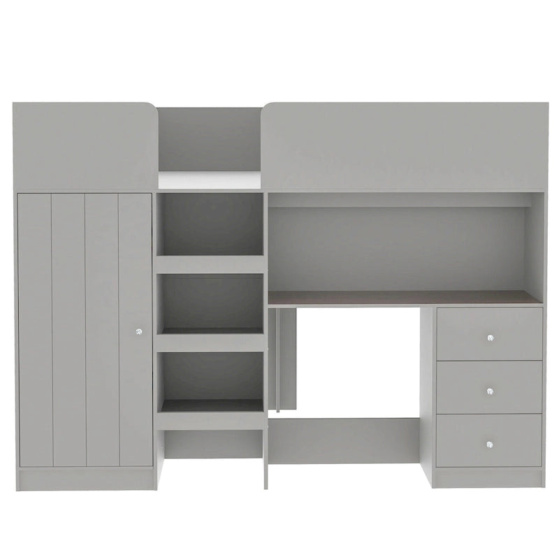 Full Size Wood Loft Bed with Wardrobe, Desk, 3 Drawers and Storage Shelves, Gray