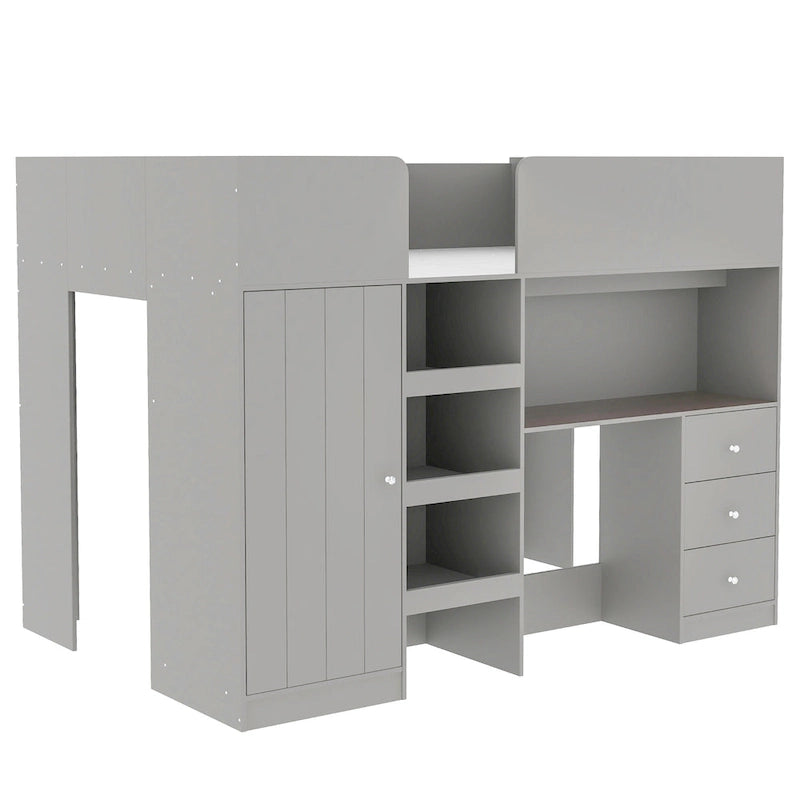 Full Size Wood Loft Bed with Wardrobe, Desk, 3 Drawers and Storage Shelves, Gray