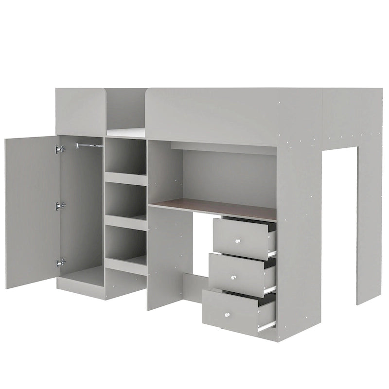 Full Size Wood Loft Bed with Wardrobe, Desk, 3 Drawers and Storage Shelves, Gray