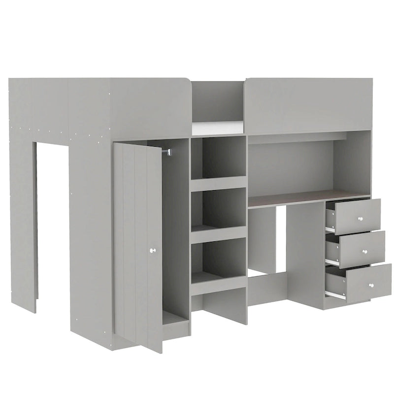 Full Size Wood Loft Bed with Wardrobe, Desk, 3 Drawers and Storage Shelves, Gray