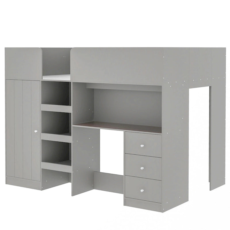 Full Size Wood Loft Bed with Wardrobe, Desk, 3 Drawers and Storage Shelves, Gray