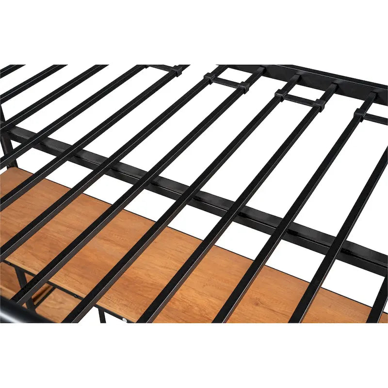 Letto a soppalco alto singolo in acciaio con scrivania a tutta larghezza, mensole laterali e doppie scalette, nero