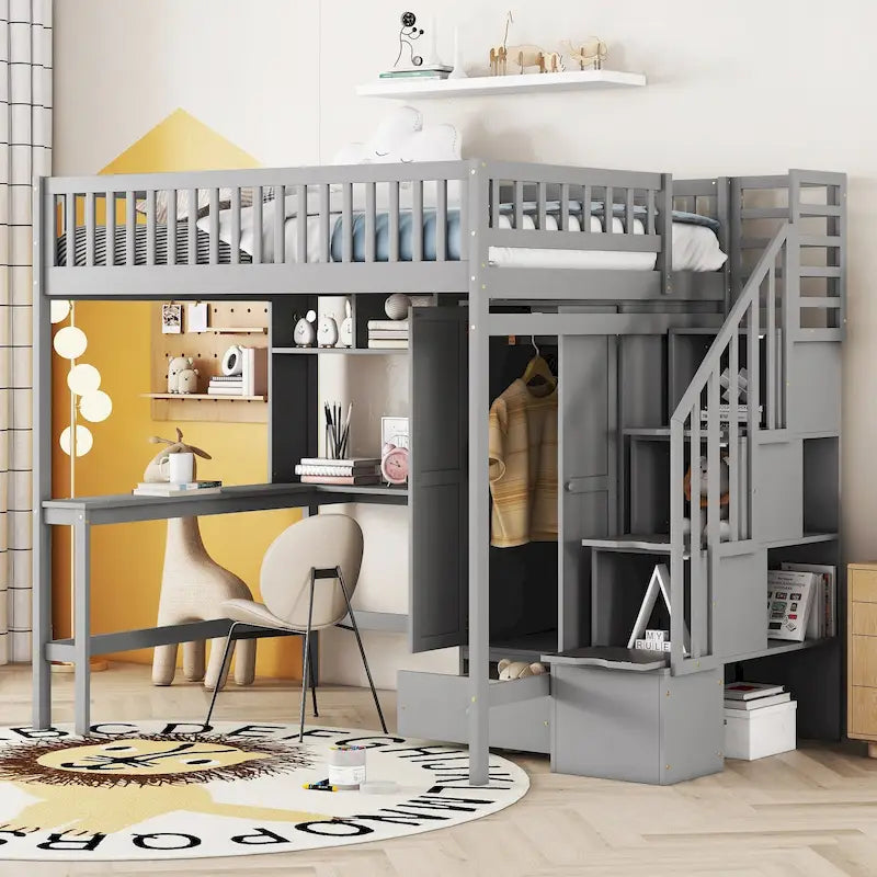 Full Size Pine Loft Bed with Desk, Double-Door Wardrobe, Drawers and Storage Staircase, Gray Espresso White