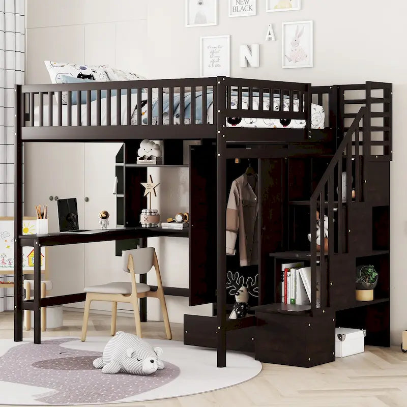 Lit mezzanine en pin format Full avec bureau, armoire à deux portes, tiroirs et escalier de rangement, gris espresso blanc