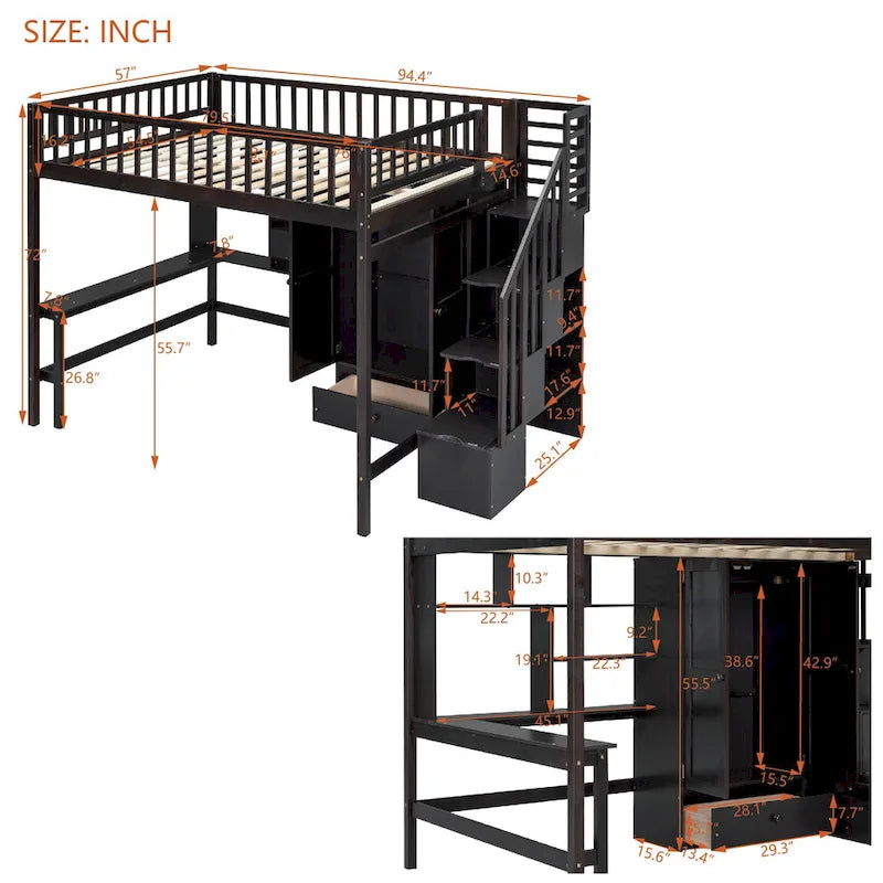 Full Size Pine Loft Bed with Desk, Double-Door Wardrobe, Drawers and Storage Staircase, Gray Espresso White