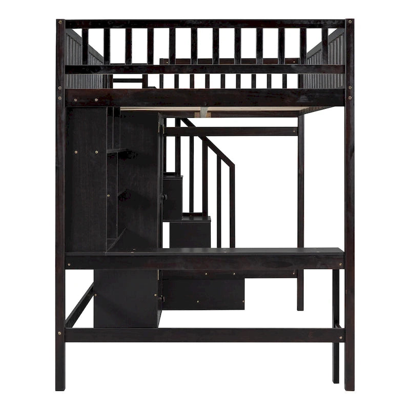 Full Size Pine Loft Bed with Desk, Double-Door Wardrobe, Drawers and Storage Staircase, Gray Espresso White
