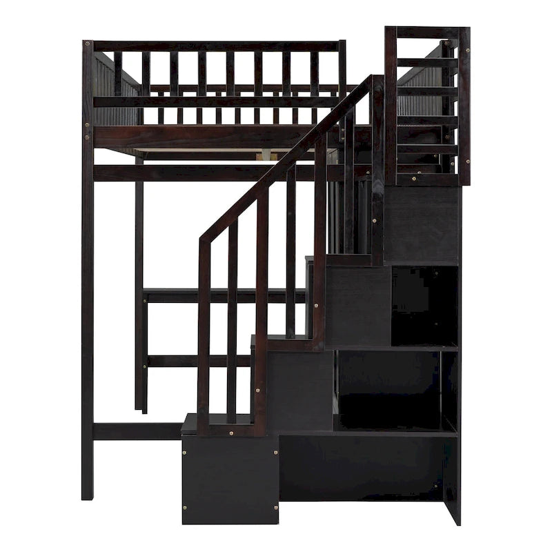 Full Size Pine Loft Bed with Desk, Double-Door Wardrobe, Drawers and Storage Staircase, Gray Espresso White