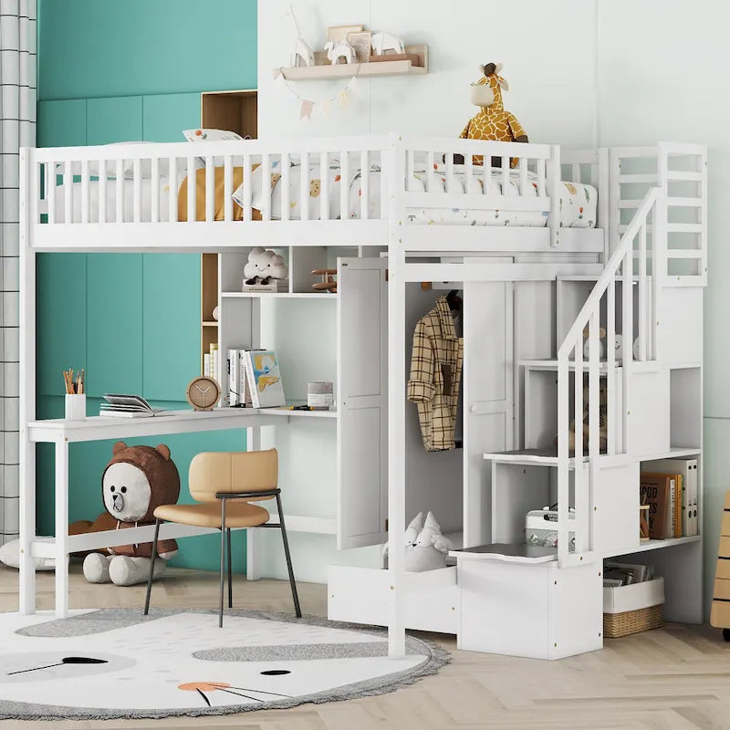Full Size Pine Loft Bed with Desk, Double-Door Wardrobe, Drawers and Storage Staircase, Gray Espresso White