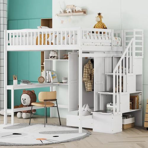 Lit mezzanine en pin format Full avec bureau, armoire à deux portes, tiroirs et escalier de rangement, gris espresso blanc