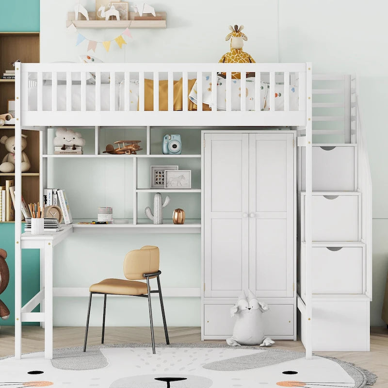 Full Size Pine Loft Bed with Desk, Double-Door Wardrobe, Drawers and Storage Staircase, Gray Espresso White