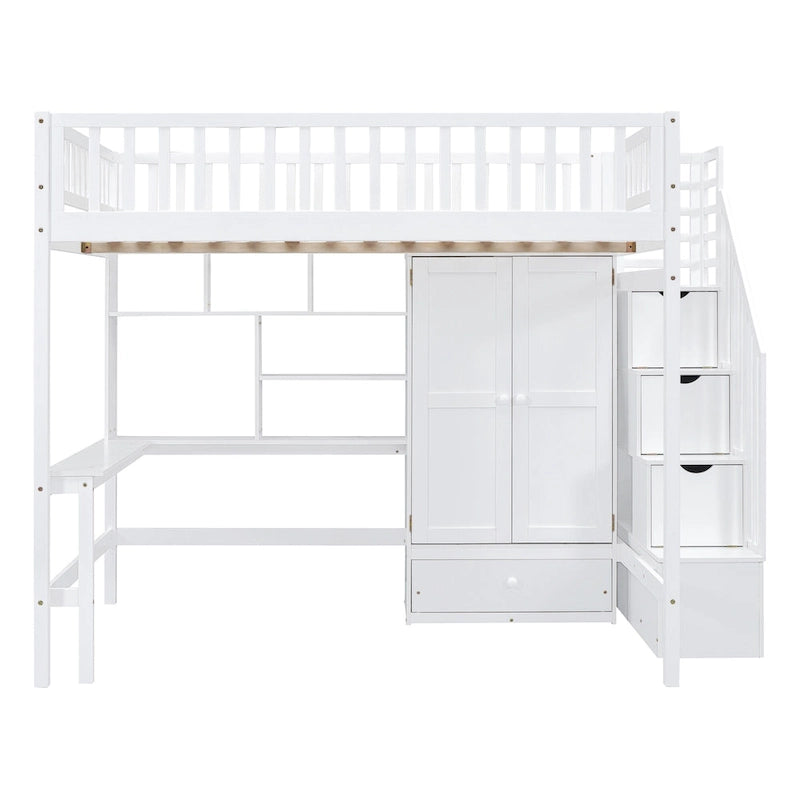 Full Size Pine Loft Bed with Desk, Double-Door Wardrobe, Drawers and Storage Staircase, Gray Espresso White