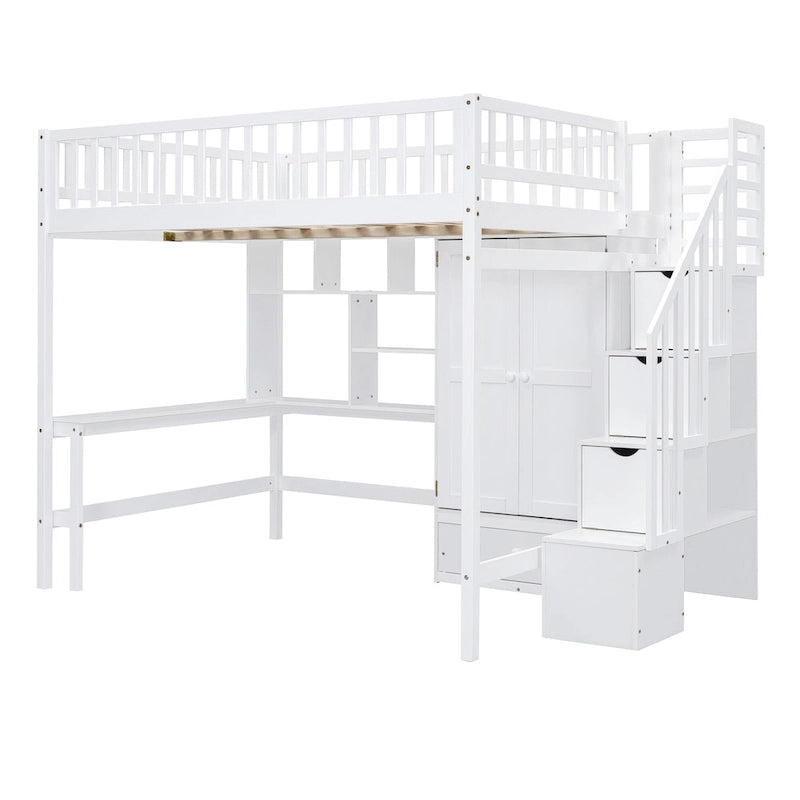 Full Size Pine Loft Bed with Desk, Double-Door Wardrobe, Drawers and Storage Staircase, Gray Espresso White