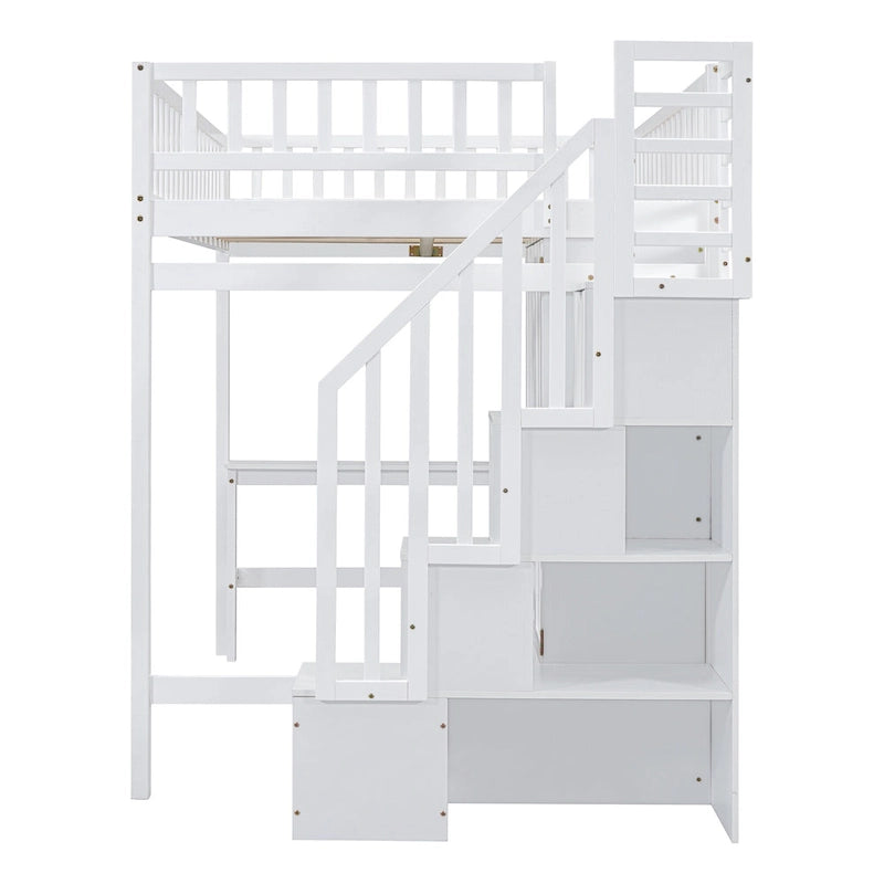 Full Size Pine Loft Bed with Desk, Double-Door Wardrobe, Drawers and Storage Staircase, Gray Espresso White