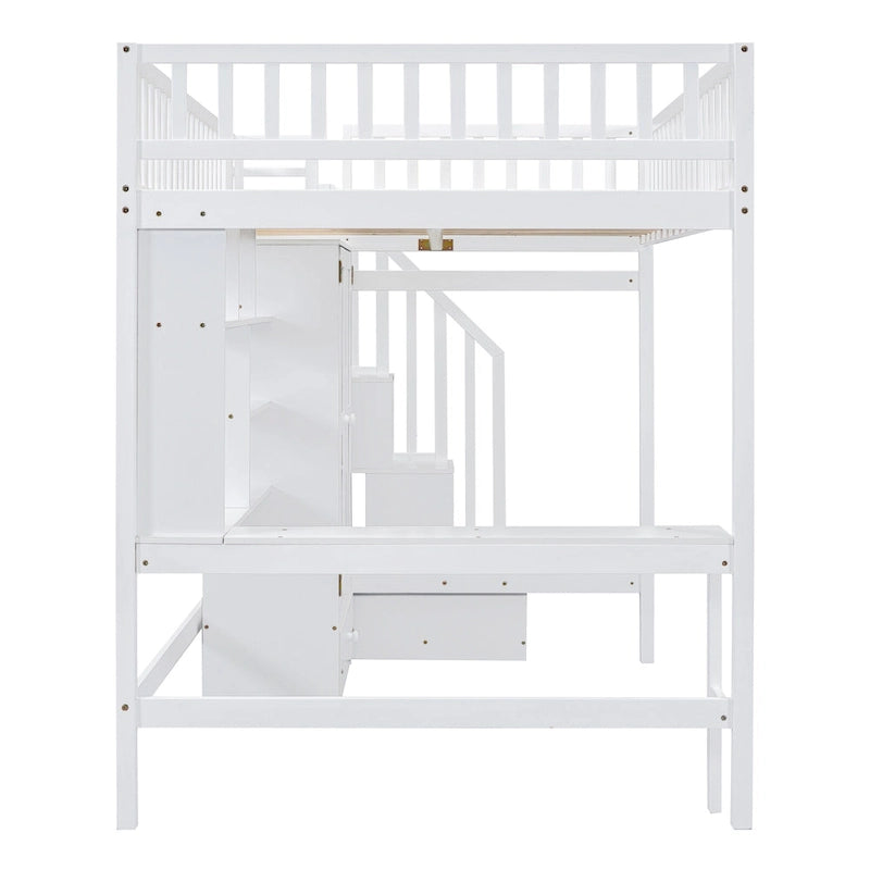 Full Size Pine Loft Bed with Desk, Double-Door Wardrobe, Drawers and Storage Staircase, Gray Espresso White
