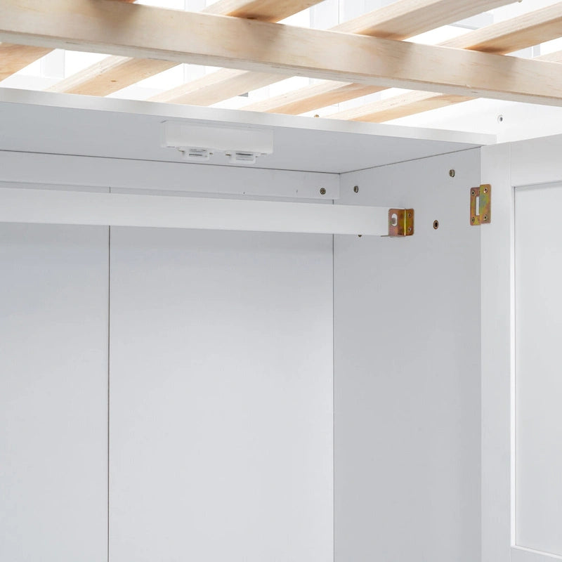 Full Size Pine Loft Bed with Desk, Double-Door Wardrobe, Drawers and Storage Staircase, Gray Espresso White