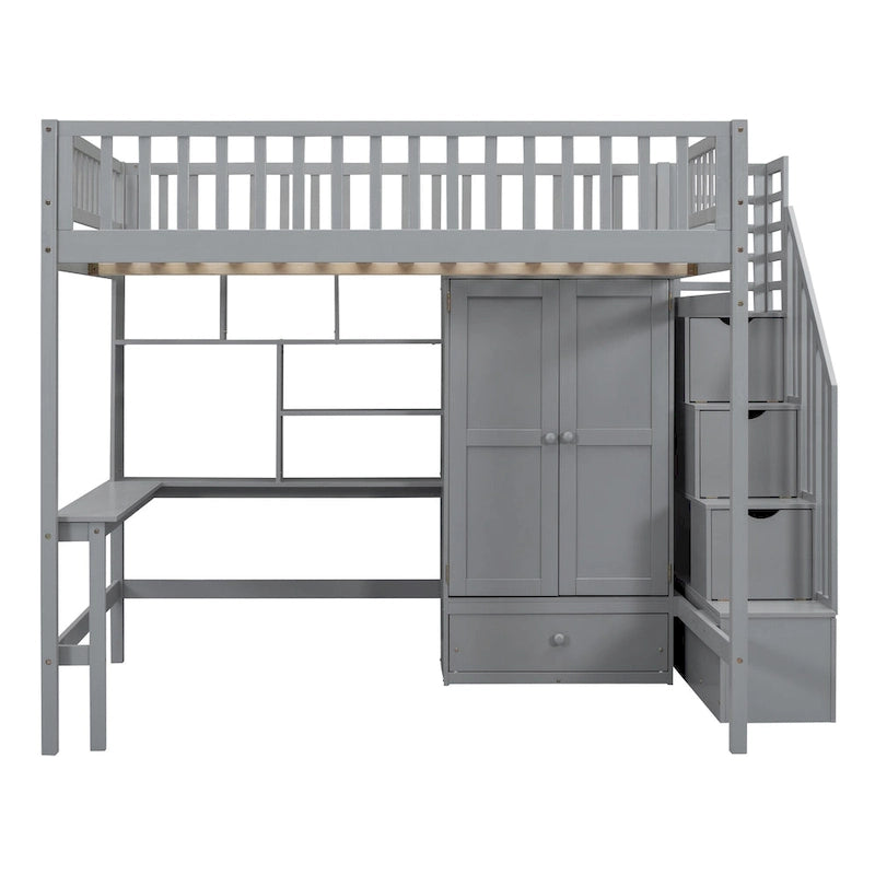 Full Size Pine Loft Bed with Desk, Double-Door Wardrobe, Drawers and Storage Staircase, Gray Espresso White