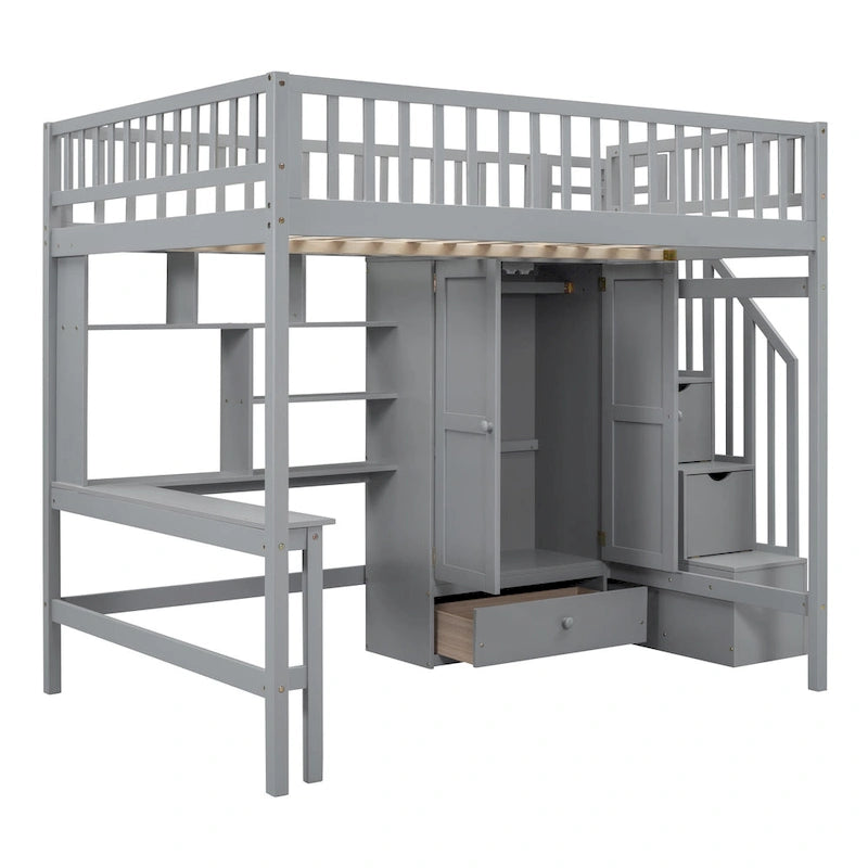 Full Size Pine Loft Bed with Desk, Double-Door Wardrobe, Drawers and Storage Staircase, Gray Espresso White