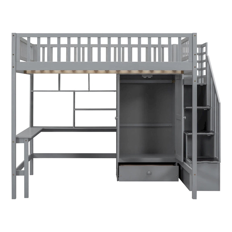 Full Size Pine Loft Bed with Desk, Double-Door Wardrobe, Drawers and Storage Staircase, Gray Espresso White