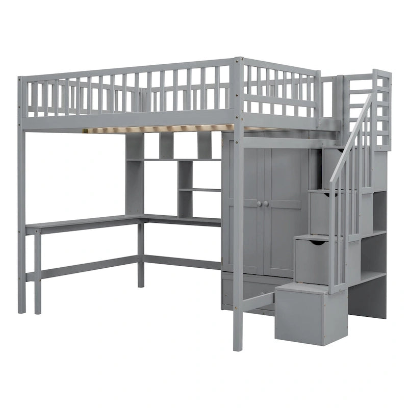 Full Size Pine Loft Bed with Desk, Double-Door Wardrobe, Drawers and Storage Staircase, Gray Espresso White