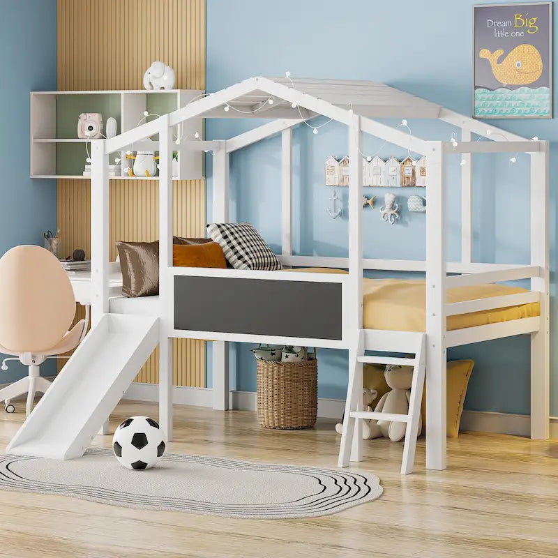 Twin House Loft Bed with Slide, Chalkboard and Star String Lights, White Gray